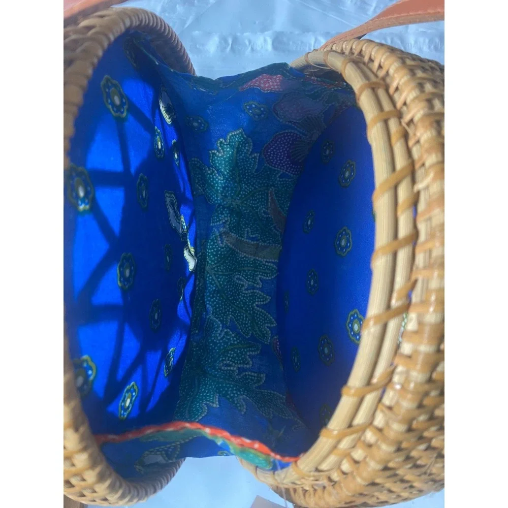 Handwoven Round Rattan Shoulder Bag Boho Festival Purse Blue‎ Fabric Lined